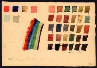 Cvičení – teorie barev - Hana Lustigová (1931-1944), 30. 5. 1944, akvarel a tužka na papíře, 17,2 x 25,2 cm, signováno a datováno vlevo dole: Lustig Hana 30. 5. 1944, 13 Z. Provenience: vytvořeno v hodinách kreslení organizovaných v letech 1943-1944 v terezínském ghettu malířkou a pedagožkou Friedl Dicker-Brandeis (1898-1944); ve sbírkách Židovského muzea v Praze od roku 1945 ŽMP inv. č. 121.997 Cvičení – teorie barev - Hana Lustigová (1931-1944), 30. 5. 1944, akvarel a tužka na papíře, 17,2 x 25,2 cm, signováno a datováno vlevo dole: Lustig Hana 30. 5. 1944, 13 Z. Provenience: vytvořeno v hodinách kreslení organizovaných v letech 1943-1944 v terezínském ghettu malířkou a pedagožkou Friedl Dicker-Brandeis (1898-1944); ve sbírkách Židovského muzea v Praze od roku 1945 ŽMP inv. č. 121.997