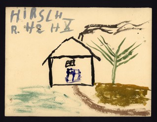Dům v krajině - Robert Hirsch (1933-1944), nedatováno (1943-1944), akvarel na papíře, 20,7 x 27,7 cm, signováno vlevo nahoře: Hirsch R. H 2 H X. Provenience: vytvořeno v hodinách kreslení organizovaných v letech 1943-1944 v terezínském ghettu malířkou a pedagožkou Friedl Dicker-Brandeis (1898-1944); ve sbírkách Židovského muzea v Praze od roku 1945 ŽMP inv. č. 131.452 Dům v krajině - Robert Hirsch (1933-1944), nedatováno (1943-1944), akvarel na papíře, 20,7 x 27,7 cm, signováno vlevo nahoře: Hirsch R. H 2 H X. Provenience: vytvořeno v hodinách kreslení organizovaných v letech 1943-1944 v terezínském ghettu malířkou a pedagožkou Friedl Dicker-Brandeis (1898-1944); ve sbírkách Židovského muzea v Praze od roku 1945 ŽMP inv. č. 131.452