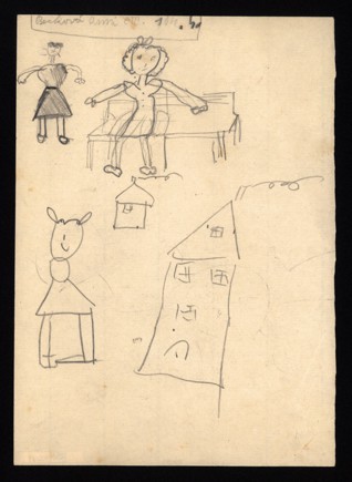 Vzpomínka na domov - Anna Becková (1931-1944), nedatováno (1943-1944), tužka na papíře, 14,9 x 21 cm, signováno vlevo nahoře: Becková Anni, C III 104, 4. Provenience: vytvořeno v hodinách kreslení organizovaných v letech 1943-1944 v terezínském ghettu malířkou a pedagožkou Friedl Dicker-Brandeis (1898-1944); ve sbírkách Židovského muzea v Praze od roku 1945 ŽMP inv. č. 162.659r / 162.659v Vzpomínka na domov - Anna Becková (1931-1944), nedatováno (1943-1944), tužka na papíře, 14,9 x 21 cm, signováno vlevo nahoře: Becková Anni, C III 104, 4. Provenience: vytvořeno v hodinách kreslení organizovaných v letech 1943-1944 v terezínském ghettu malířkou a pedagožkou Friedl Dicker-Brandeis (1898-1944); ve sbírkách Židovského muzea v Praze od roku 1945 ŽMP inv. č. 162.659r / 162.659v