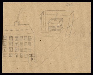 Městská scenérie - Neznámý autor (Stein ?), nedatováno (1943-1944), tužka na papíře, 20,5 x 25,1 cm, sekundárně značeno (patrně rukou učitele) vpravo nahoře: Stein. Provenience: vytvořeno v hodinách kreslení organizovaných v letech 1943-1944 v terezínském ghettu malířkou a pedagožkou Friedl Dicker-Brandeis (1898-1944); ve sbírkách Židovského muzea v Praze od roku 1945 ŽMP inv. č. 131.371r Městská scenérie - Neznámý autor (Stein ?), nedatováno (1943-1944), tužka na papíře, 20,5 x 25,1 cm, sekundárně značeno (patrně rukou učitele) vpravo nahoře: Stein. Provenience: vytvořeno v hodinách kreslení organizovaných v letech 1943-1944 v terezínském ghettu malířkou a pedagožkou Friedl Dicker-Brandeis (1898-1944); ve sbírkách Židovského muzea v Praze od roku 1945 ŽMP inv. č. 131.371r
